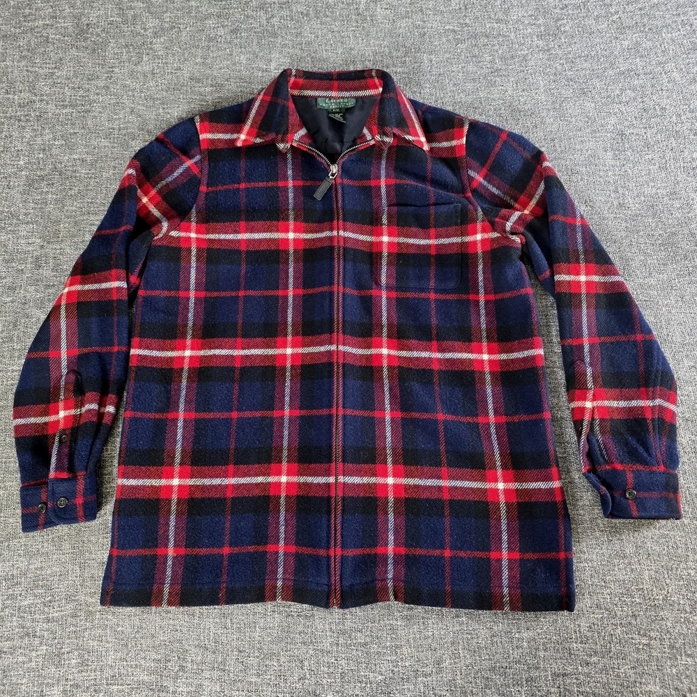 Lauren Ralph Lauren Petite Navy Red Plaid 100% Wool Zip Up Shirt Jacket PM